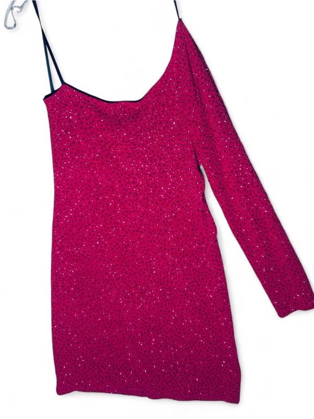 Plus size Pink One-Shoulder Sparkle Mini Dress with sequins, Stretchy Size 2X.